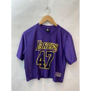 NBA Lakers Purple Cropped Jersey Shirt Short Sleeve Sequin Top Size Large #47